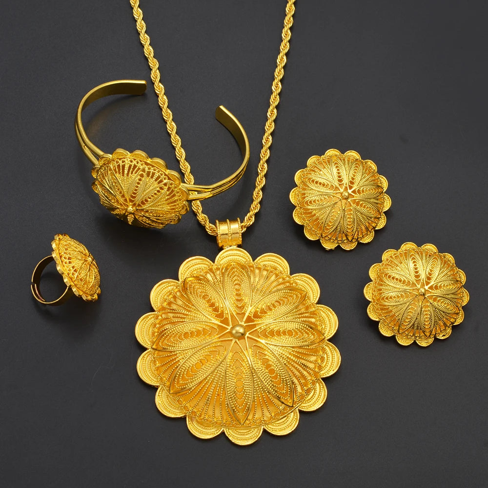 Big Pendant Necklace Earrings Bracelet Rings African Ethiopian Jewelry Sets Eritrean Arabic Wedding Decor