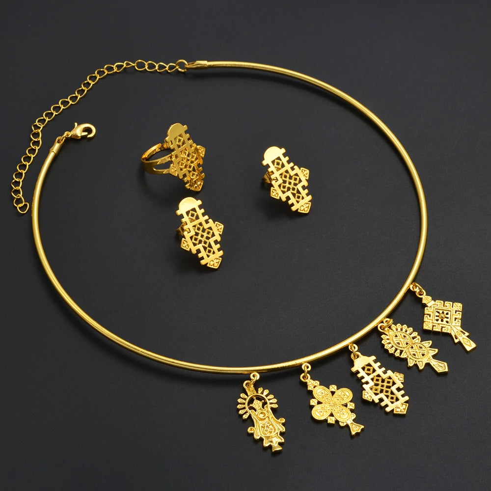 Ethiopian Eritrea Ethnic Jewelry Sets With Cross Chokers Earrings Rings for Women  Africa Wedding Party Gifts