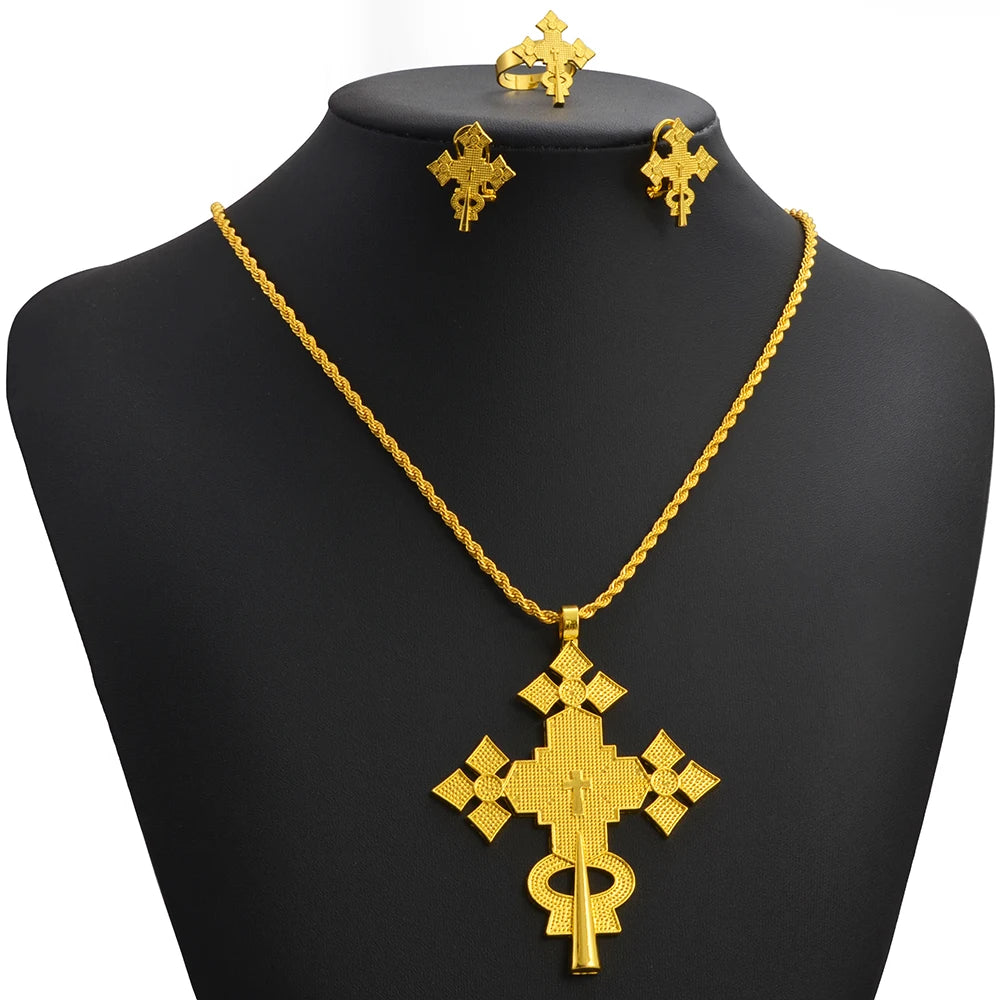 NEW Ethiopian Eritrea Cross Jewelry Sets Necklaces Earrings Rings for Women  Africa Ethnic Wedding Party Gifts