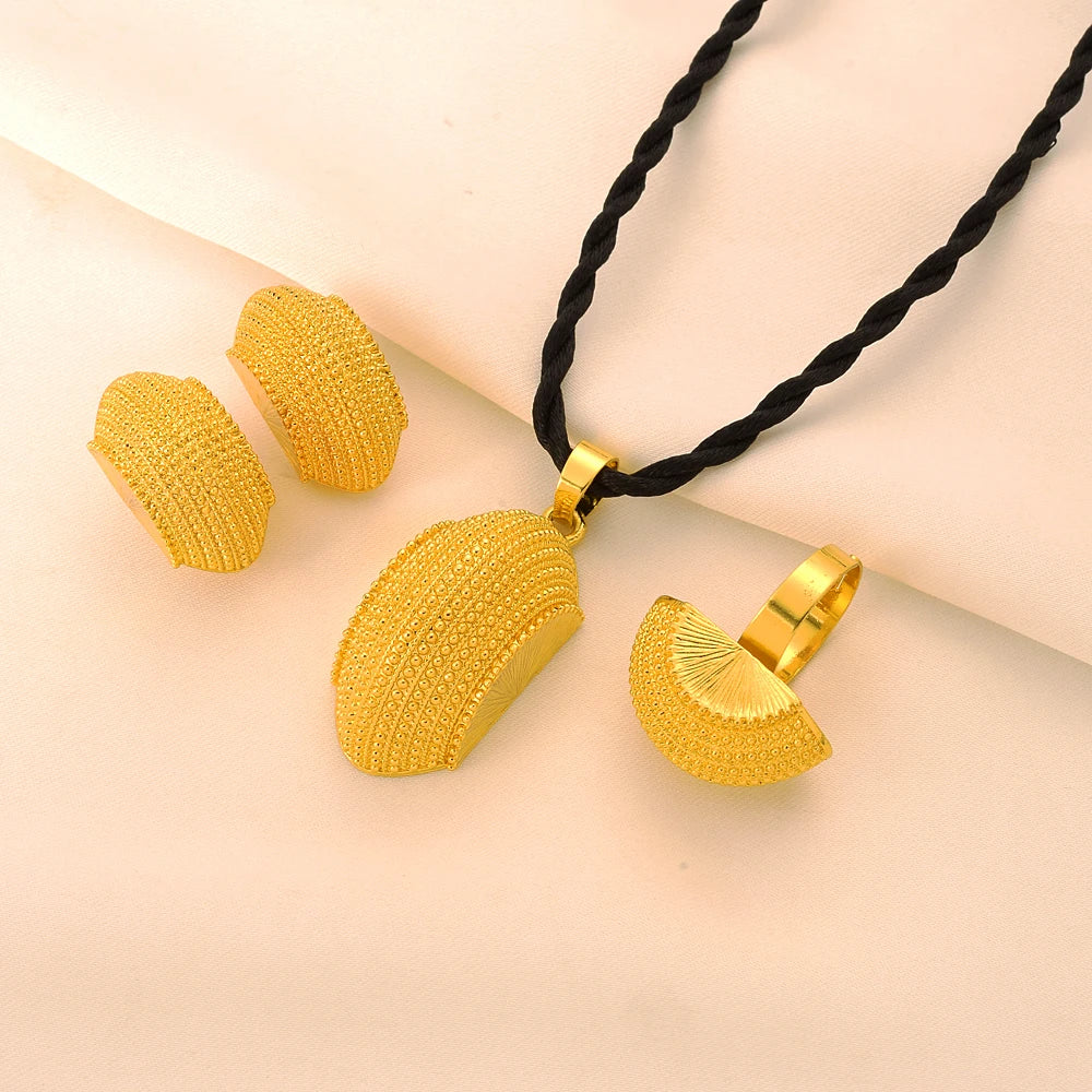 Gold Plated Fashion Ethiopian Big Size Earrings/Pendant/Ring Jewelry Sets Gold Plate Africa Bride Wedding Eritrea Set Gift