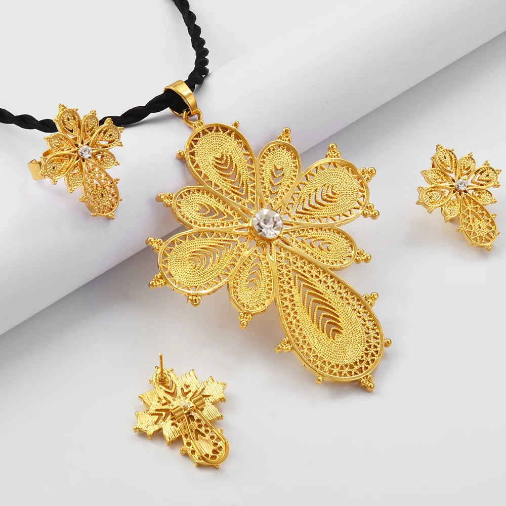 Ethiopian Jewelry sets Cross Pendant Necklaces Earrings Rings Silver/Gold Color African Eritrean Habesha Wedding