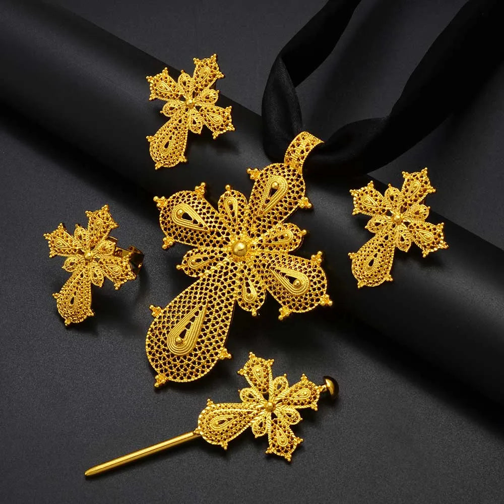 Ethiopian Cross Jewelry sets Silver/Gold Color Necklaces Earrings Ring Hairpin Eritrean African Ethnic Wedding