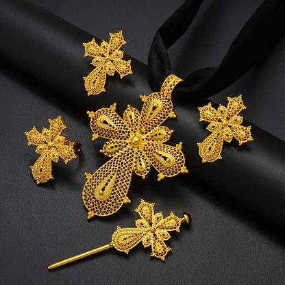 Ethiopian Cross Jewelry sets Silver/Gold Color Necklaces Earrings Ring Hairpin Eritrean African Ethnic Wedding