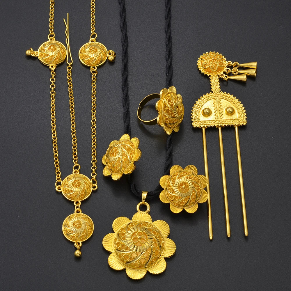 Ethiopian Ethnic Wedding Jewelry Sets Eritrean Habesha African Necklaces Earrings Ring Hairpin Forehead-chain