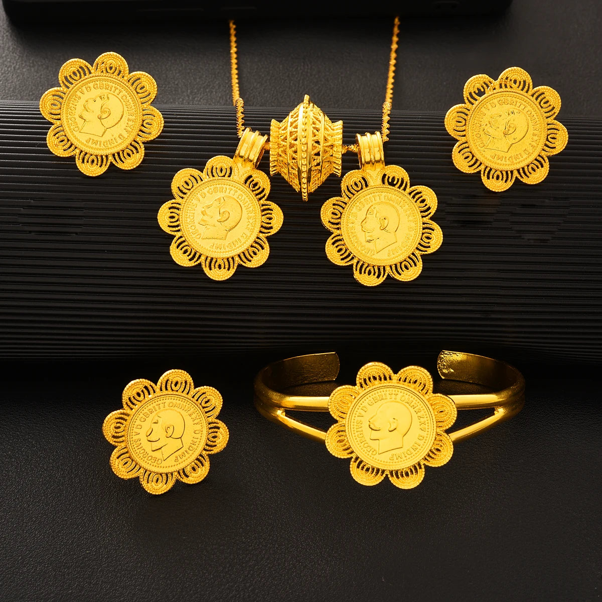 Gold Plated Double Pendant Jewelry Set Necklace/Earring/Ring/Bracelet Sets Ethiopia Africa Wedding Bride Woman Gift