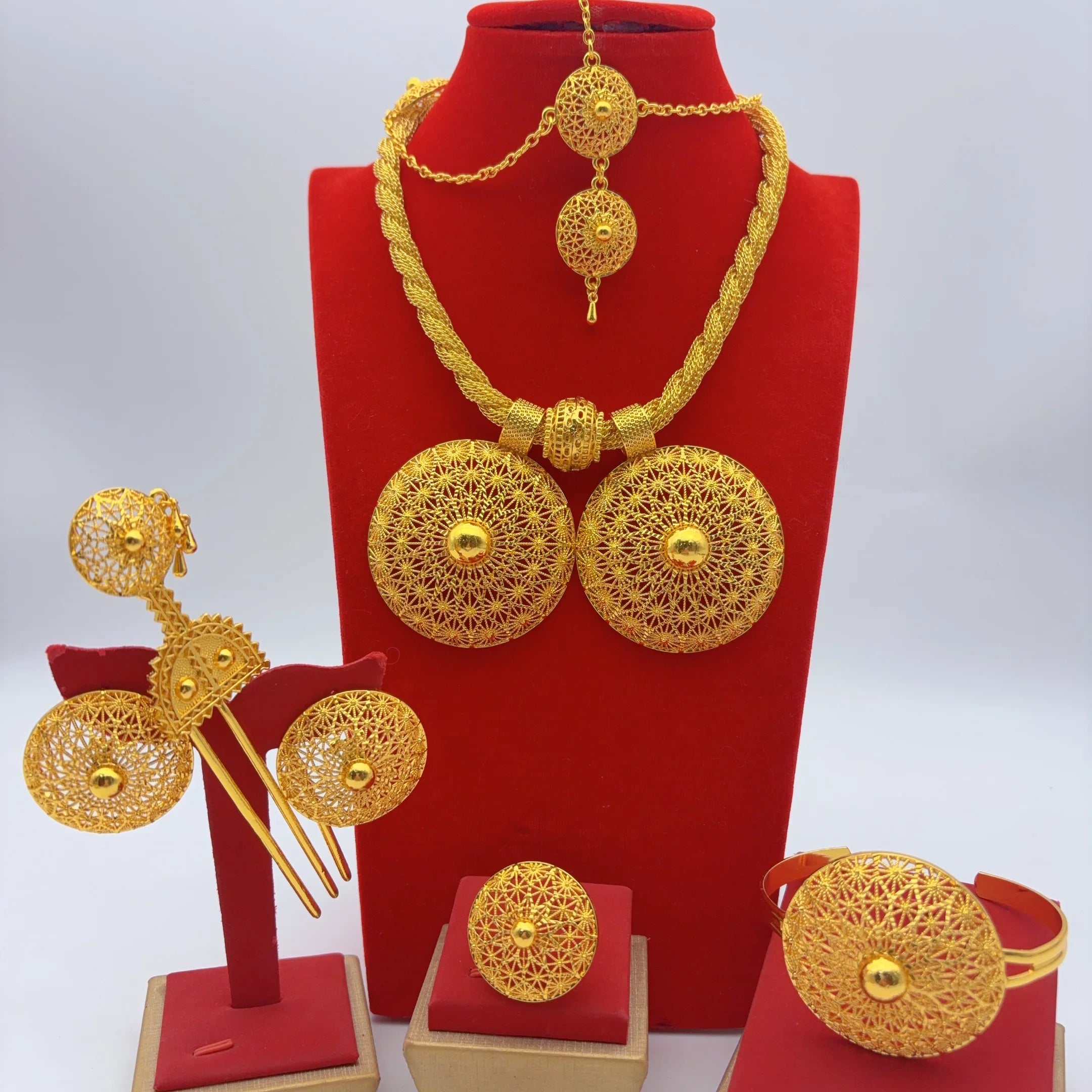Dubai 24k Gold Plated 6PCS Jewelry Set For Woman African Indian Ethiopian Big Pendant Necklace Wedding Engagement Party Gifts