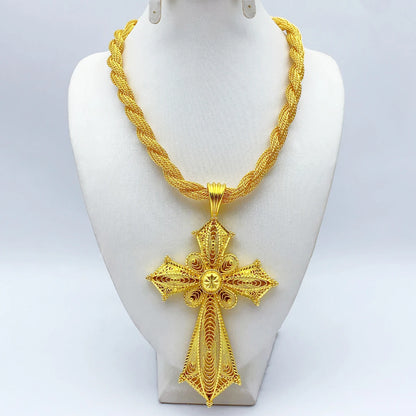 Ethiopian Cross Pendant Twisted Chain for Women Man African Wedding Party Gold Color Eritrea Jewelry Cross Gift