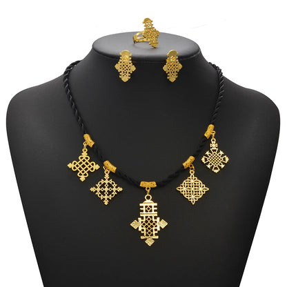 Ethiopian Cross Pendant Black Rope Earrings Ring Sets African Eritrean Religion Wedding Party