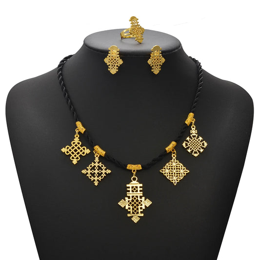 Ethiopian Cross Pendant Black Rope Earrings Ring Sets African Eritrean Religion Wedding Party