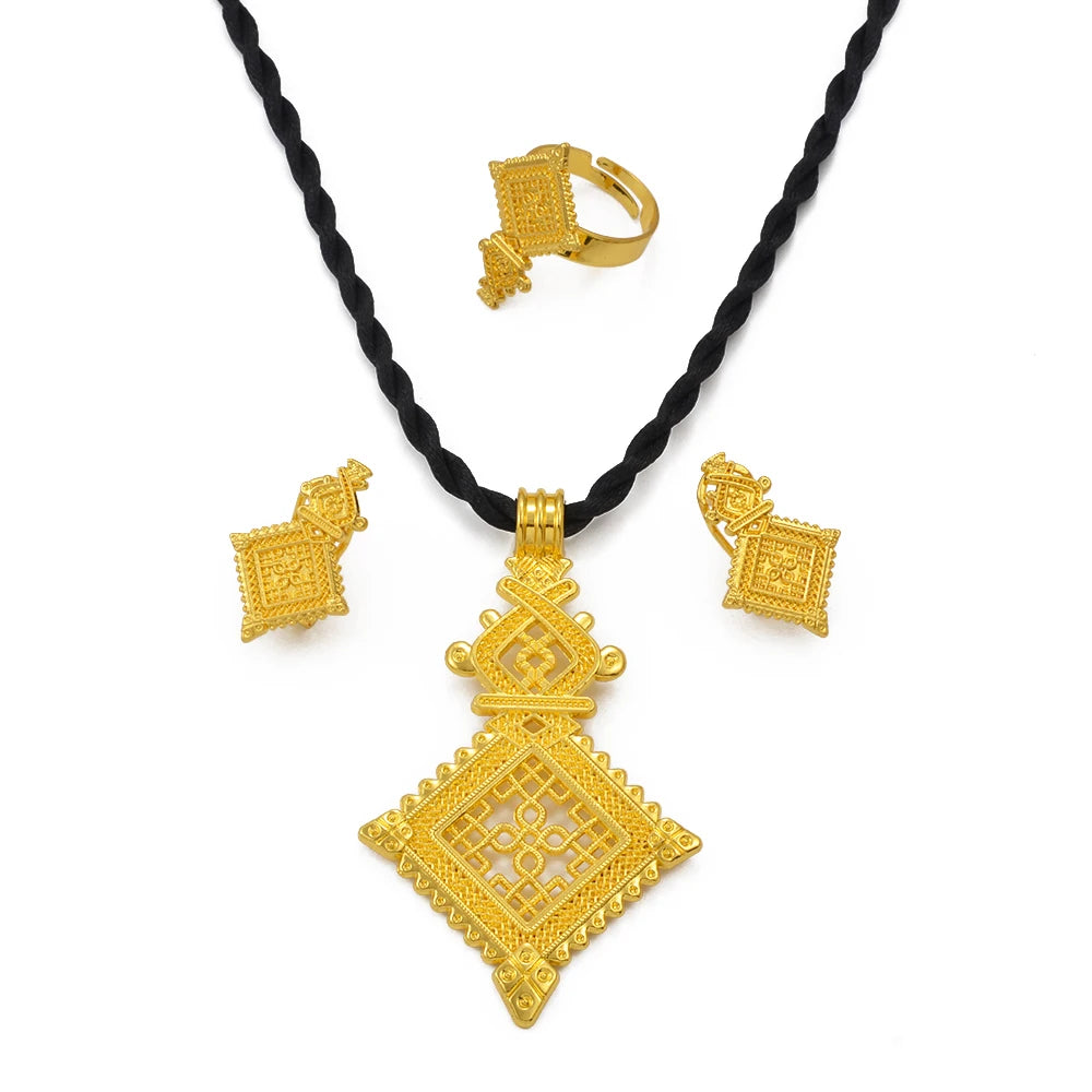 Ethiopian Traditiona Cross Pendant Black Rope Earrings Ring Jewelry Sets African Eritrean Religion Wedding Gifts