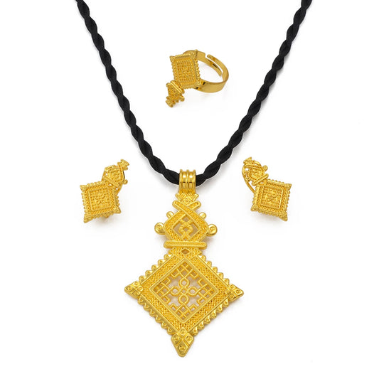 Ethiopian Traditiona Cross Pendant Black Rope Earrings Ring Jewelry Sets African Eritrean Religion Wedding Gifts