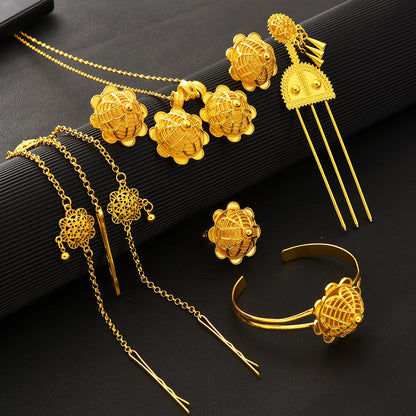 Ethiopian Gold Plated Jewelry sets Necklaces Earrings Ring Bracelet Hairpins Head Chains African Eritrean Weeding Holiday Gift