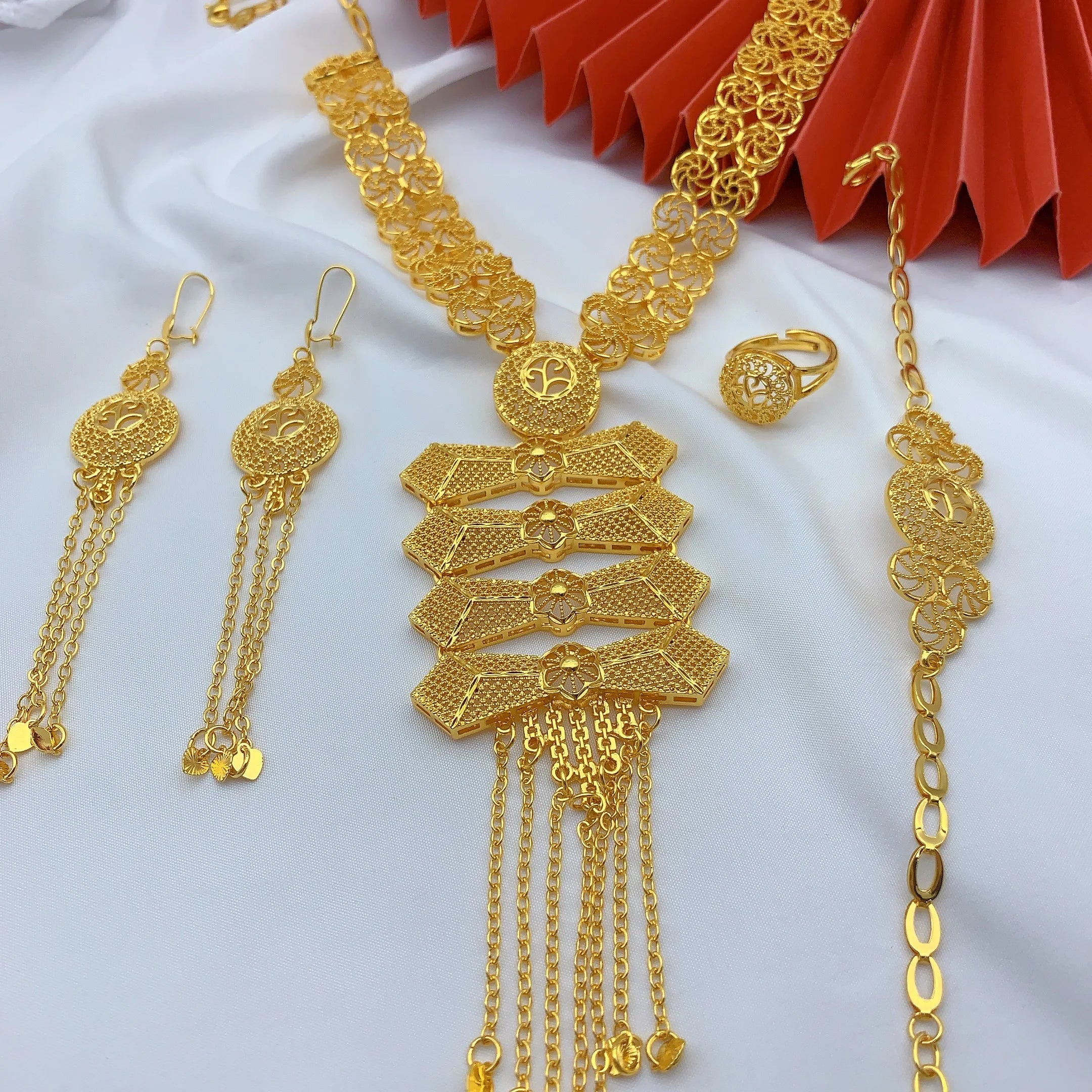 Ethiopian 24K Gold Color Jewelry Set For Women Bridal Dubai Nigerian Long Tassel Necklace Bracelet Earring Ring Sets Party Gift