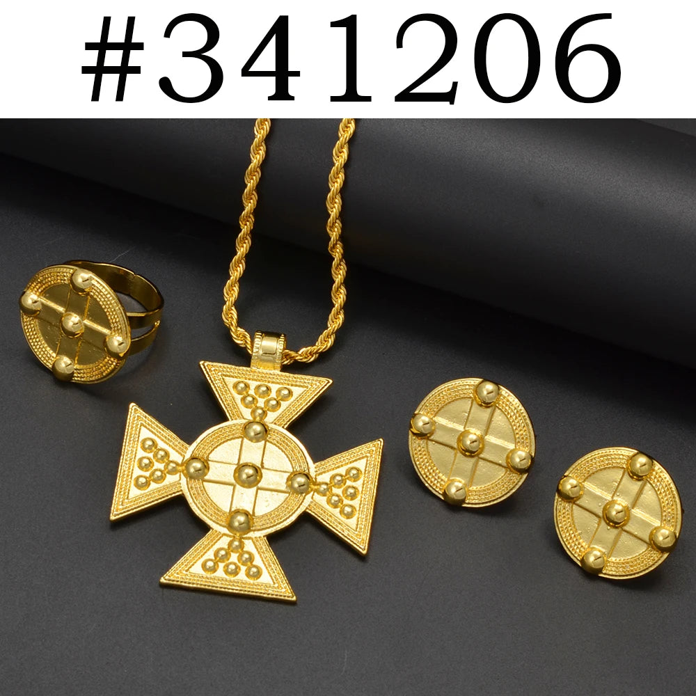 Ethiopian Jewelry Sets for Women Pendant Necklaces Earrings Ring Gold Color Eritrean Ornaments