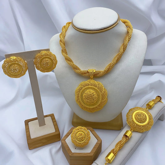 Luxury Ethiopian Round Necklace And Earrings Jewelry Sets For Women Dubai Indian Bridal 24k Gold Color Set Wedding Party Gifts