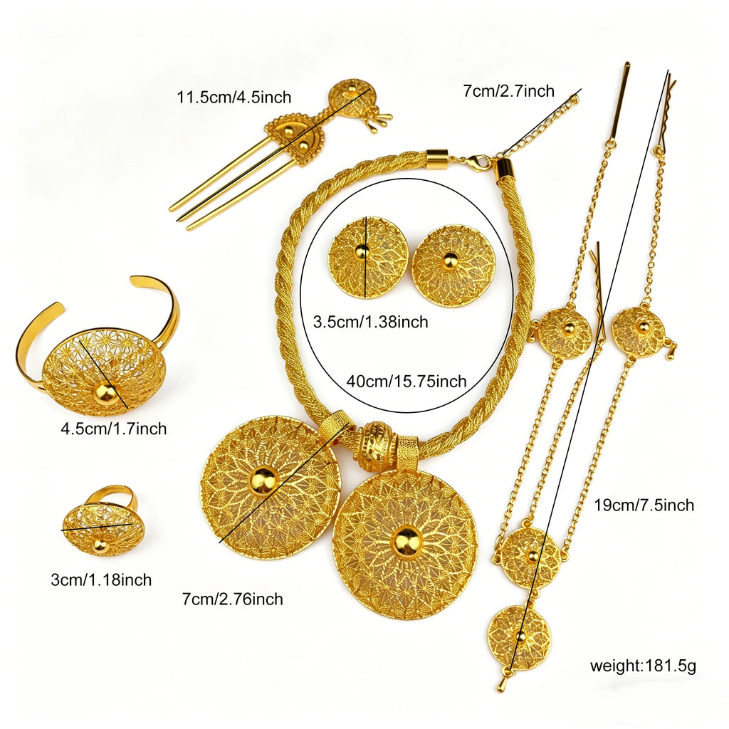 Dubai 24k Gold Plated 6PCS Jewelry Set For Woman African Indian Ethiopian Big Pendant Necklace Wedding Engagement Party Gifts