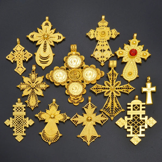 Ethiopian Gold Color Cross Charms Pendant Necklaces African Jewelry Eritrean Anniversary Accessories