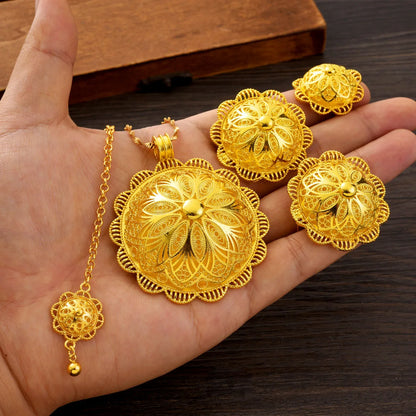 Women Exquisite Luxury Jewelry Set Big Pendant Necklace Ring Earrings Head Chain African Bride Wedding Tradional Gift