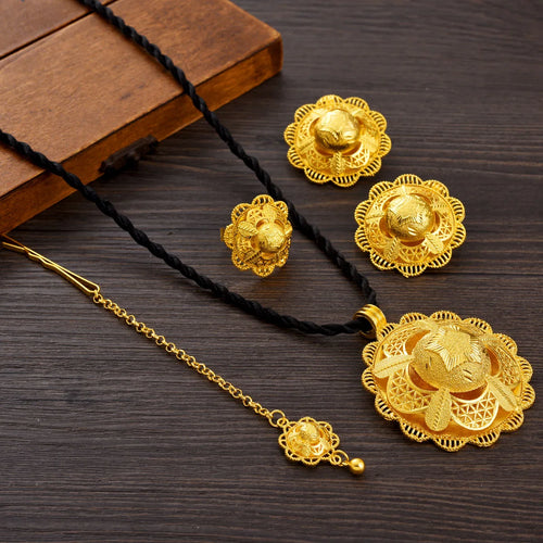 4-piece African Arab Luxury Jewelry Set Golden Color Star Pattern Pendant Ring Earring Head Chain Ethiopian Bride Wedding Gift