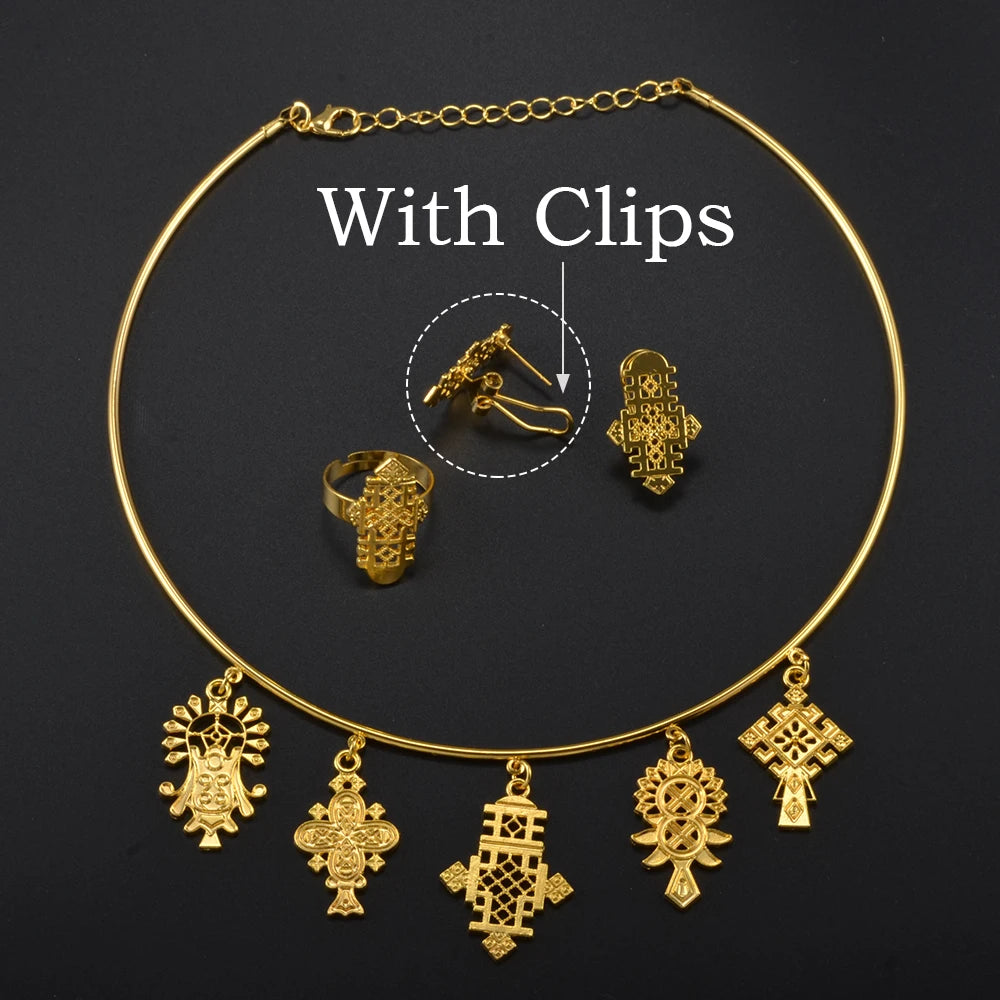 Ethiopian Eritrea Ethnic Jewelry Sets With Cross Chokers Earrings Rings for Women  Africa Wedding Party Gifts