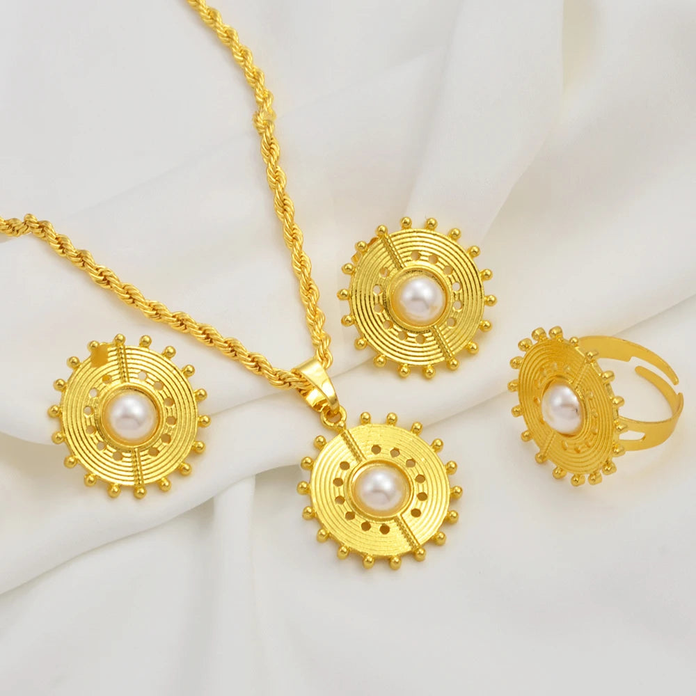 Ethiopian Eritrea Round Jewelry Sets With Pearl Necklace Earrings Rings for Women  African Brides Accessories