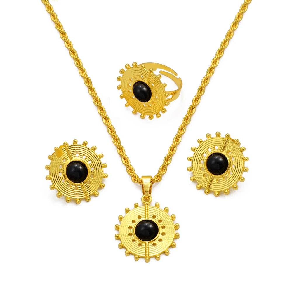 Ethiopian Eritrea Round Jewelry Sets With Pearl Necklace Earrings Rings for Women  African Brides Accessories