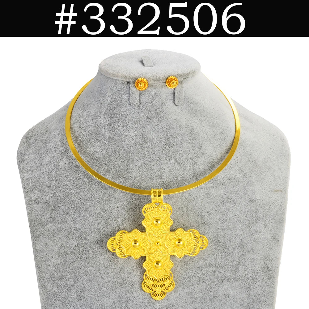BIG SIZE PENDANT Chokers Collar and 1CM Small Earrings Ethiopian Jewelry sets Eritrean African Habesha