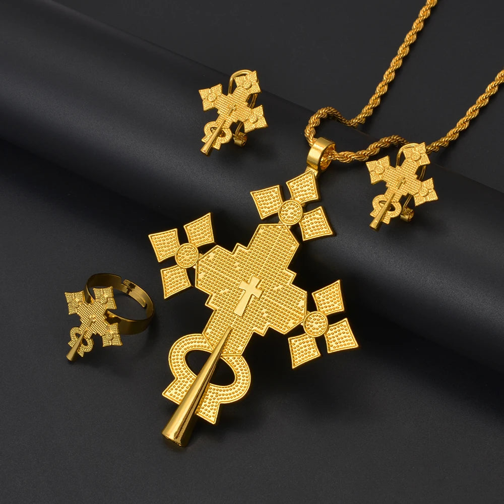 NEW Ethiopian Eritrea Cross Jewelry Sets Necklaces Earrings Rings for Women  Africa Ethnic Wedding Party Gifts
