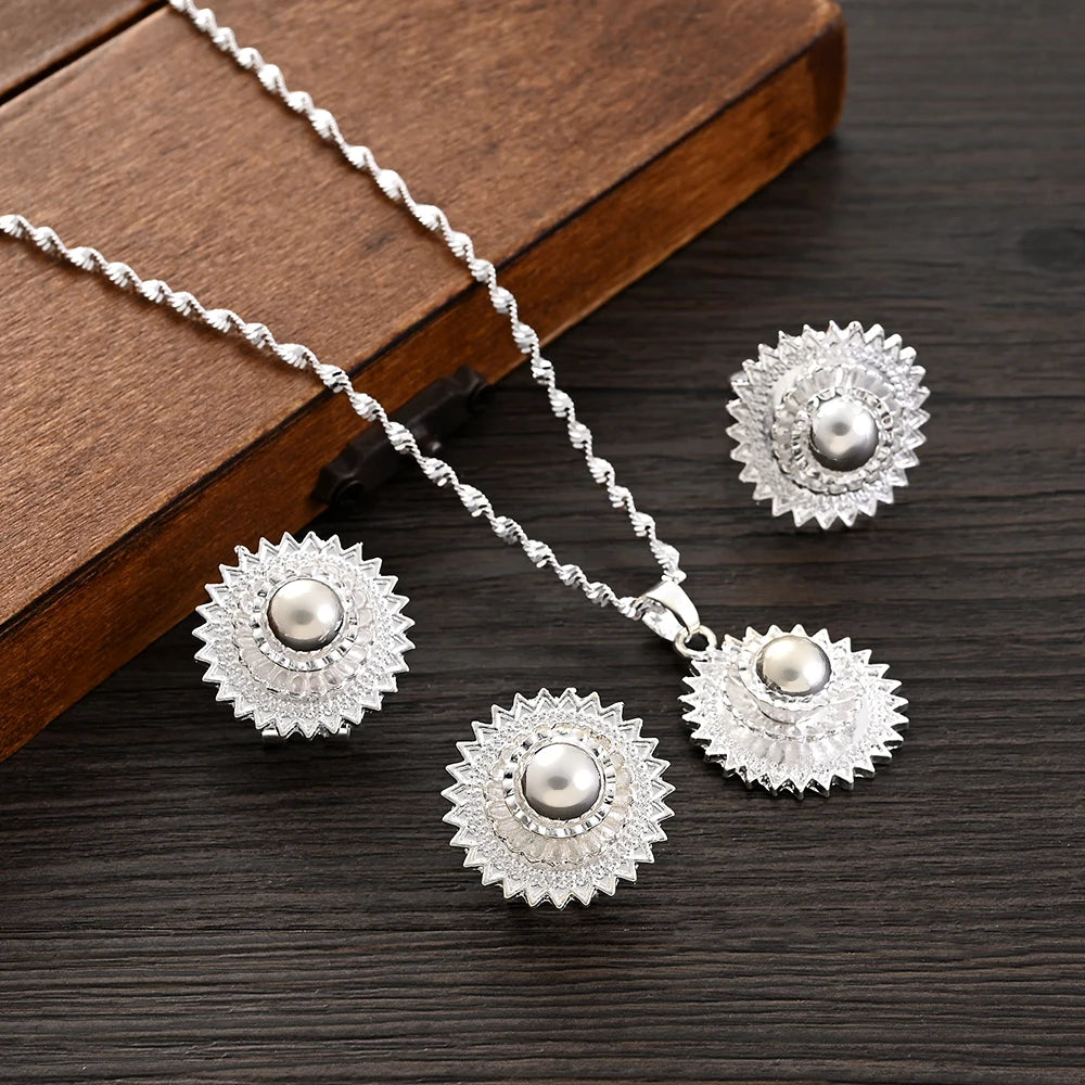 Ethiopian Silver Color Small Jewelry Sets Necklace Earrings Ring Gifts Party Jewellery Set For Women