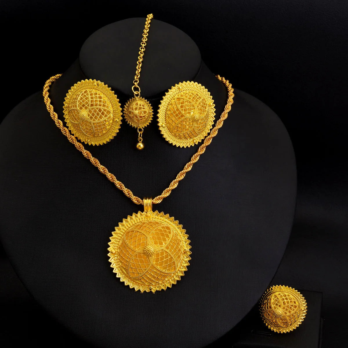 Golden Color Jewelry Set Women Pendan Ring Earring Bangle Head Chain Hairpin Ethiopian Bride Wedding Gifts