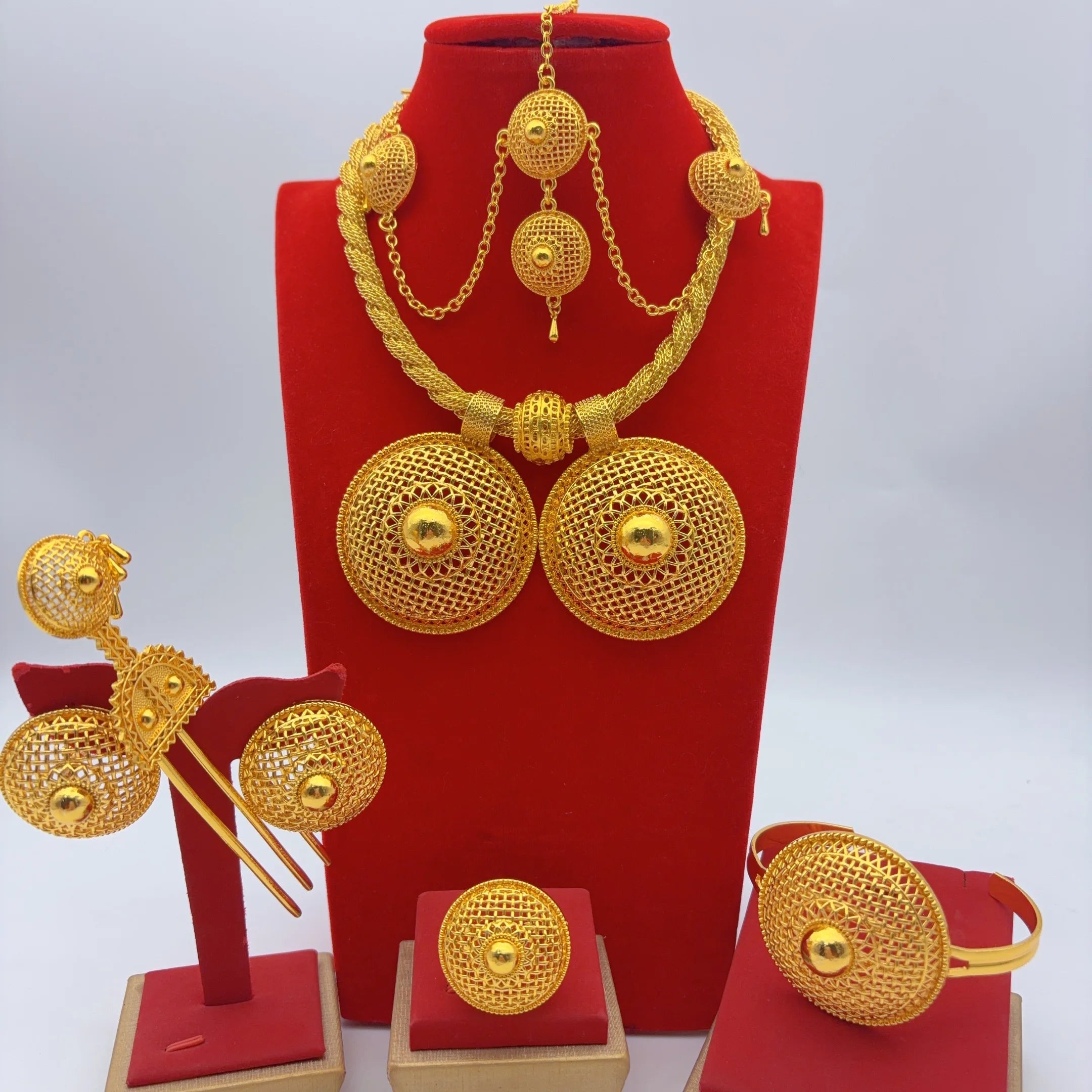 Dubai 24k Gold Plated 6PCS Jewelry Set For Woman African Indian Ethiopian Big Pendant Necklace Wedding Engagement Party Gifts
