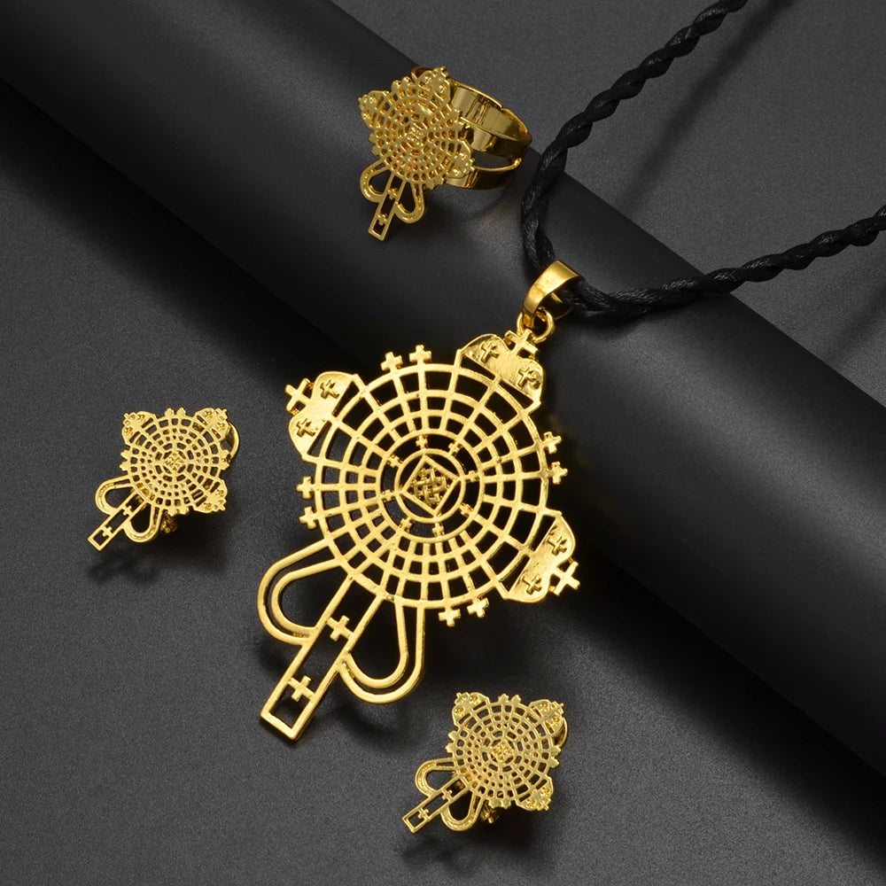 Ethiopian Cross Necklace Earrings Rings African Fashion Jewelry Sets Women  Eritrean Habesha Accessories