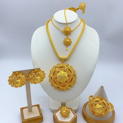 Ethiopian 24k Plated Gold 6PCS Jewelry Set For Woman's African Indian Big Pendant Necklace Wedding Engagement Gifts