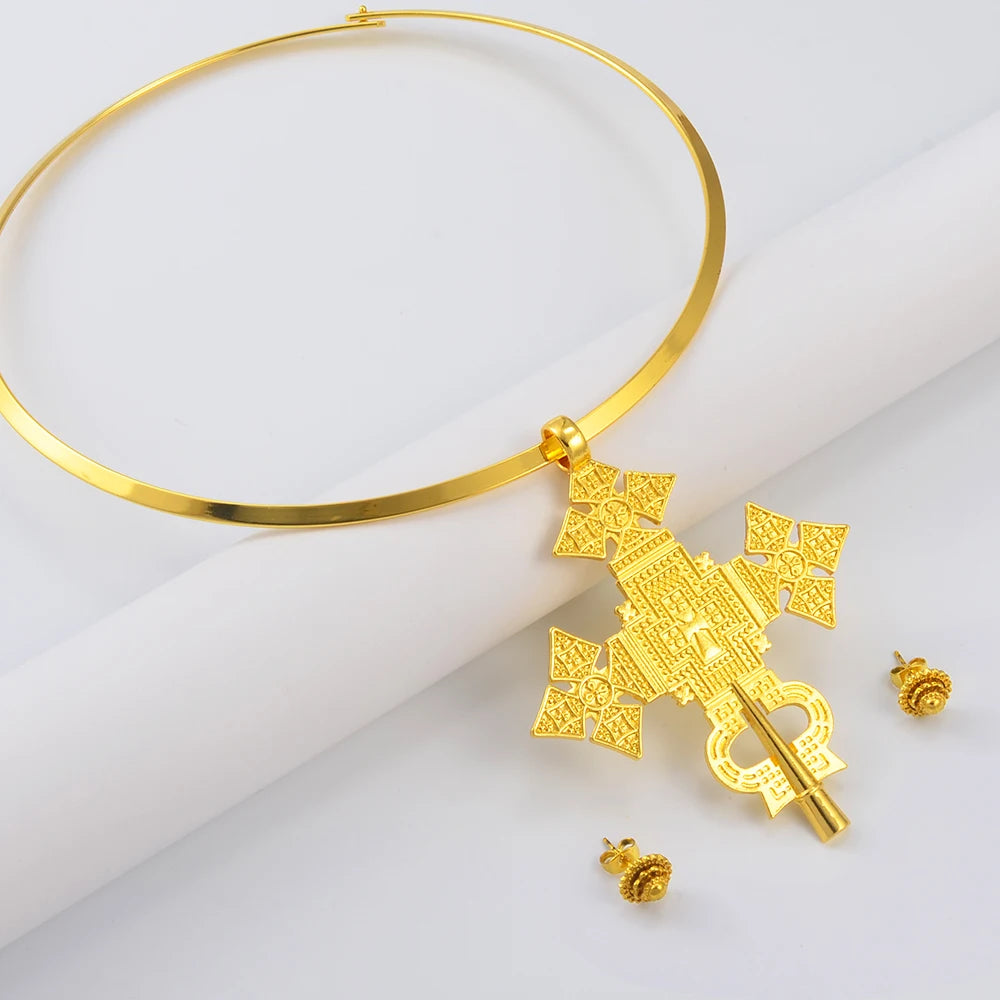 BIG SIZE PENDANT Chokers Collar and 1CM Small Earrings Ethiopian Jewelry sets Eritrean African Habesha