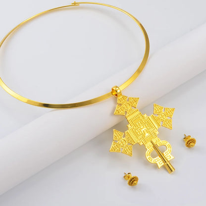 BIG SIZE PENDANT Chokers Collar and 1CM Small Earrings Ethiopian Jewelry sets Eritrean African Habesha