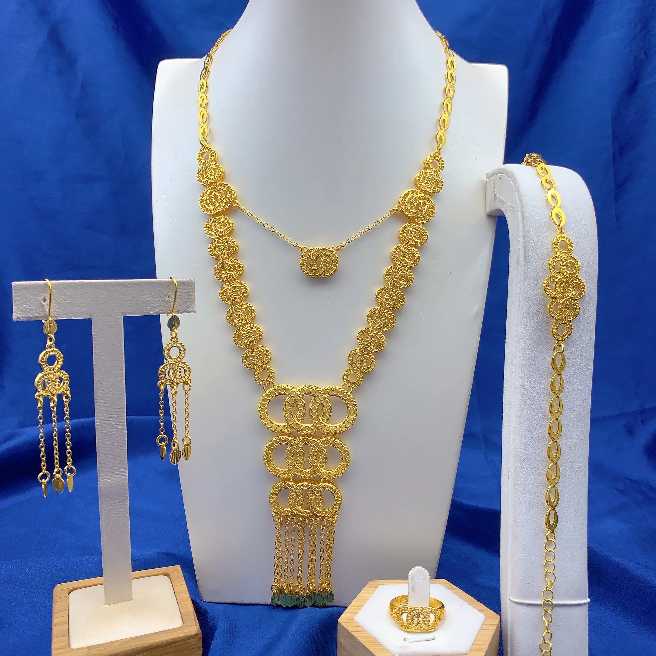 Ethiopian 24K Gold Color Jewelry Set For Women Bridal Dubai Nigerian Long Tassel Necklace Bracelet Earring Ring Sets Party Gift