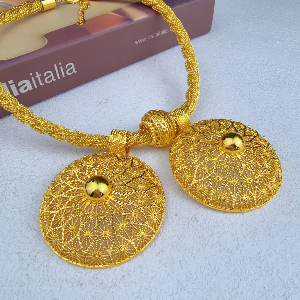 Dubai 24k Gold Plated 6PCS Jewelry Set For Woman African Indian Ethiopian Big Pendant Necklace Wedding Engagement Party Gifts