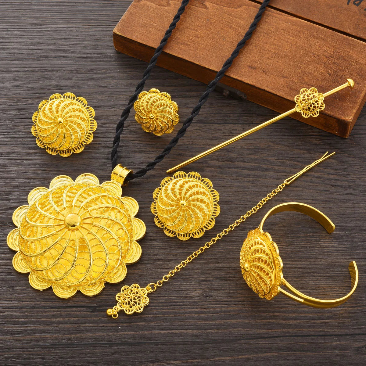 Ethiopian Gold Color Jewelry Sets Big Pendant Necklace Earrings Bracelet Rings  Gift Bride Wedding Party