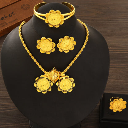 Gold Plated Double Pendant Jewelry Set Necklace/Earring/Ring/Bracelet Sets Ethiopia Africa Wedding Bride Woman Gift