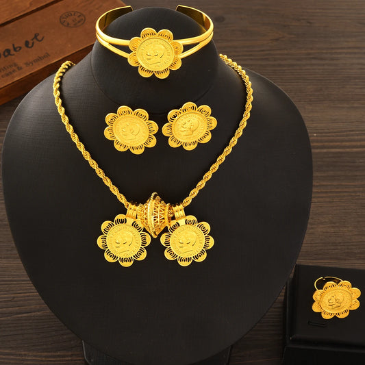 Gold Plated Double Pendant Jewelry Set Necklace/Earring/Ring/Bracelet Sets Ethiopia Africa Wedding Bride Woman Gift