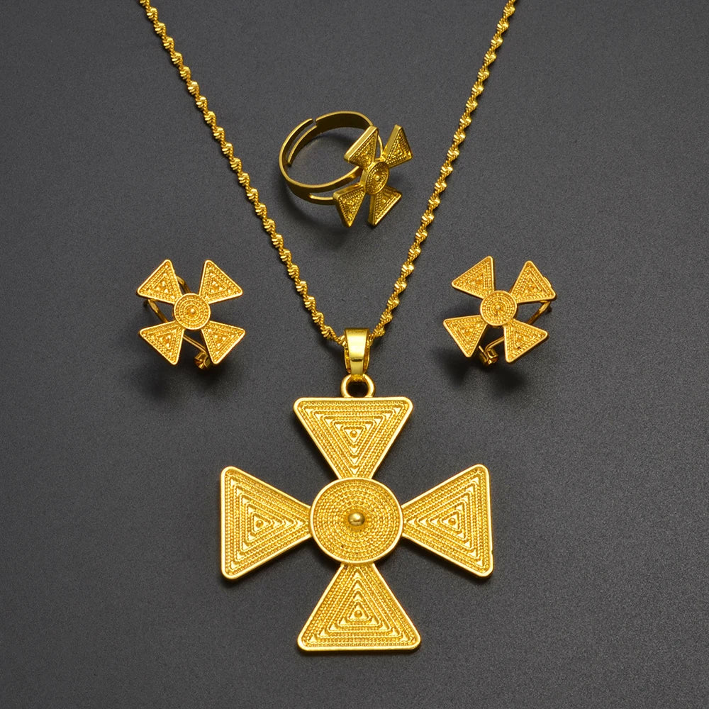 Ethiopian Jewelry Sets for Women Pendant Necklaces Earrings Ring Gold Color Eritrean Ornaments