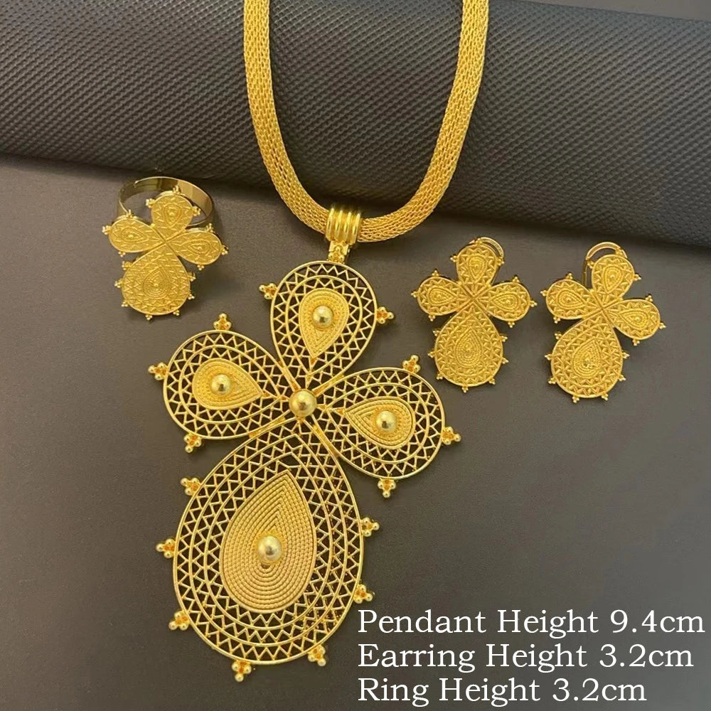 Ethiopian Jewelry Sets Big Cross Pendant Hollow Necklaces Earrings Rings Habesha Eritrean African Wedding