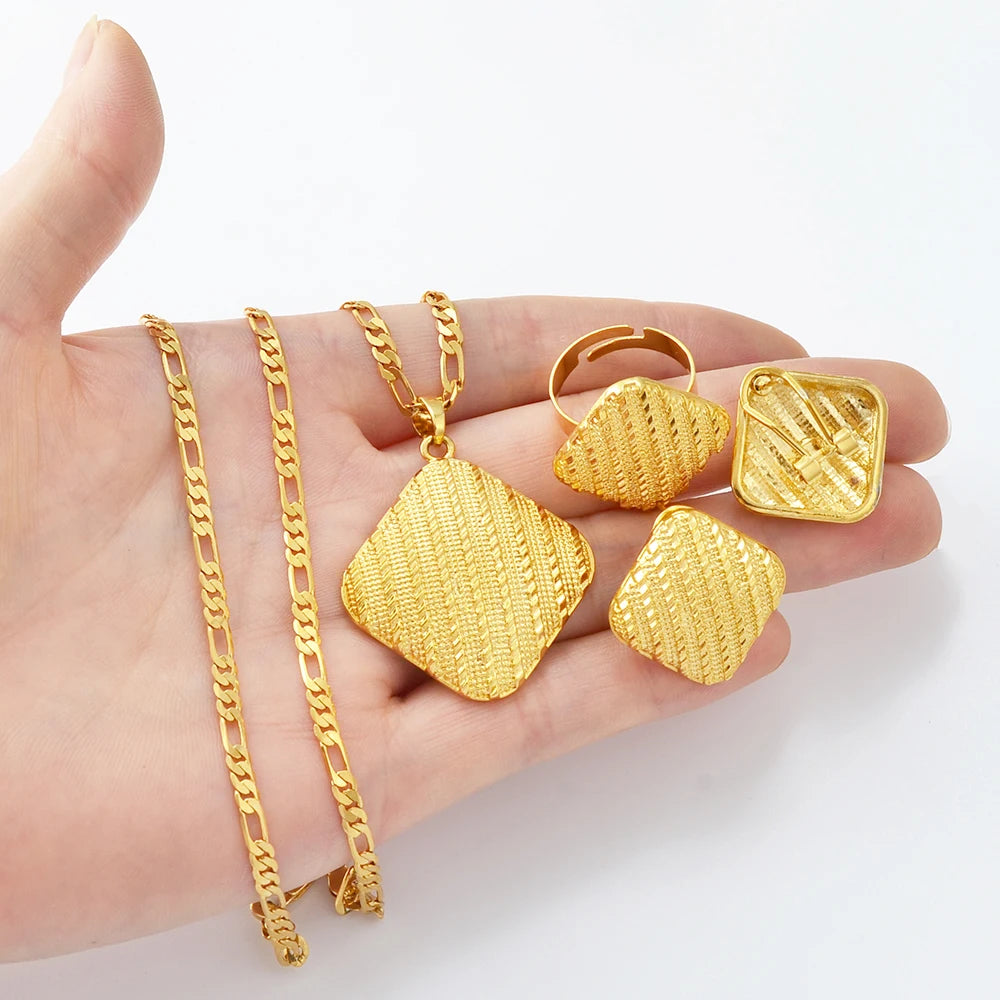 Square Heart Ethiopian Jewelry Set Pendant Necklaces Earrings Rings African Eritrean Habesha Dubai Weeding Gifts