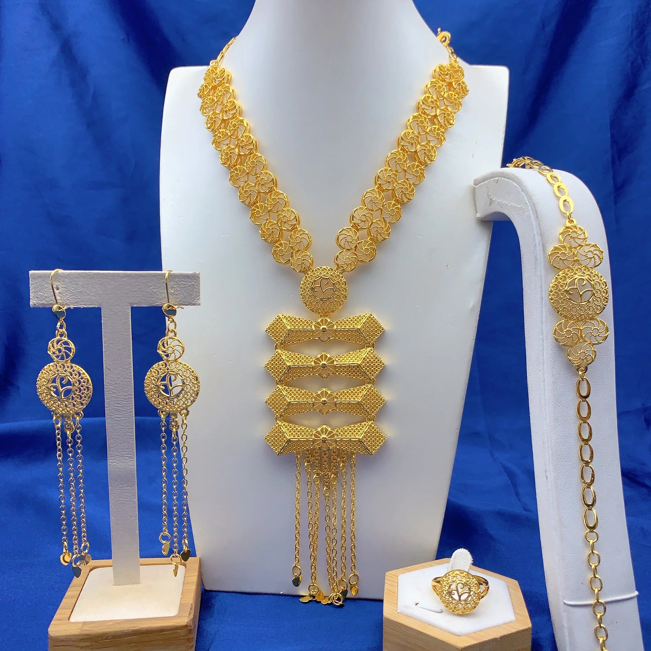 Ethiopian 24K Gold Color Jewelry Set For Women Bridal Dubai Nigerian Long Tassel Necklace Bracelet Earring Ring Sets Party Gift