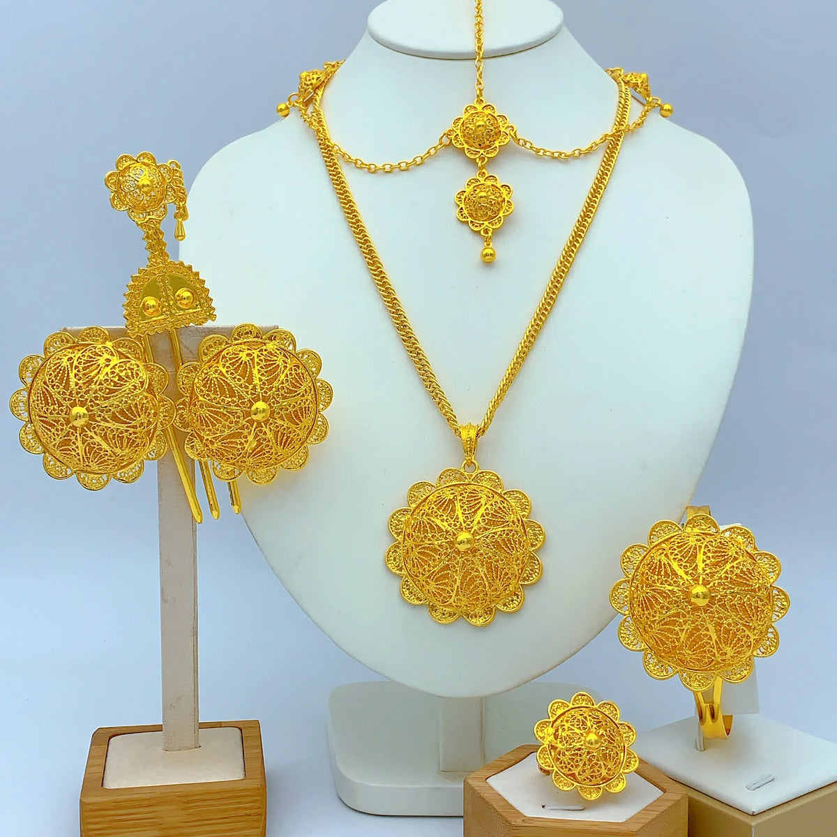 Ethiopian Gold Plated 6PCS Jewelry Set For Woman Big Pendant Necklace Wedding Engagement Gifts