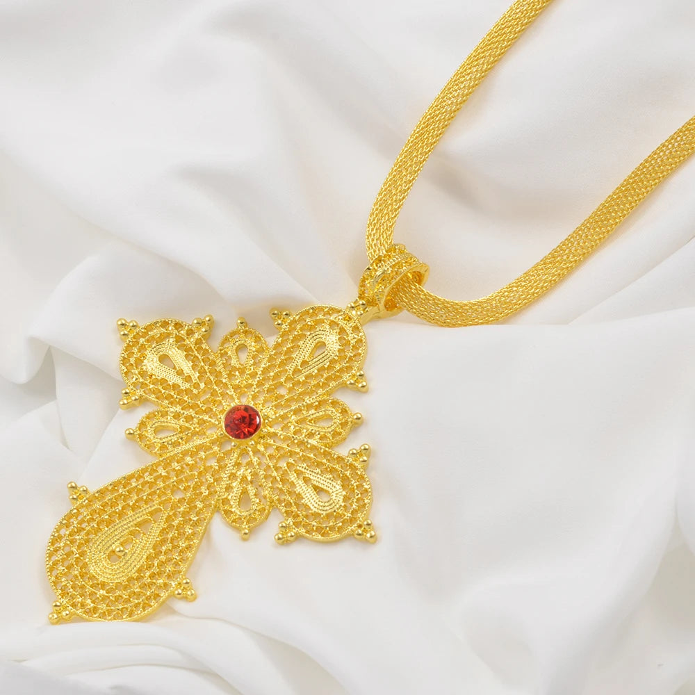 Ethiopian Big Cross Pendant Necklaces for Women  Gold Color Eritrean African Ethnic Traditional Jewelry