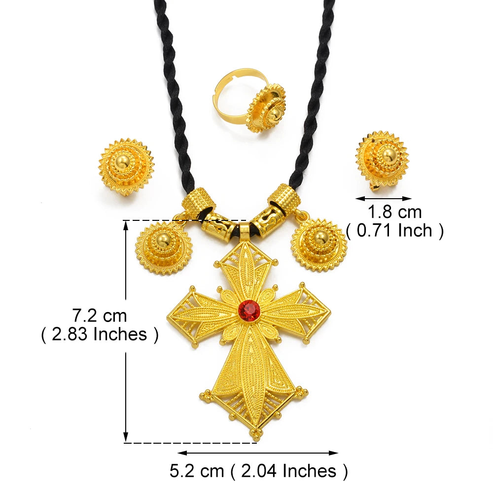 African Cross Necklaces Earrings Ring Jewelry Sets Ethiopian Eritrean Engagement Ornament