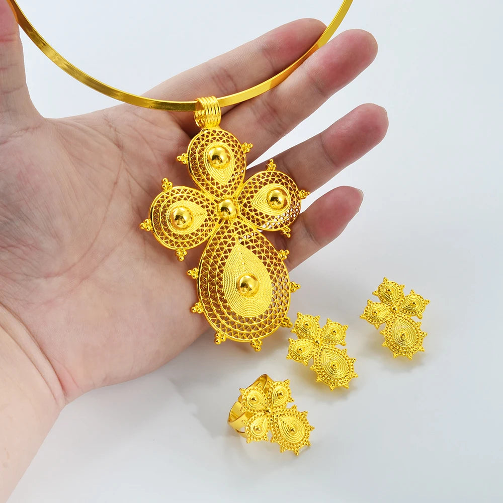 African Gold Color Big Cross Round Chokers Earrings and Ring Jewelry Sets Ethiopian Eritrean Wedding Habesha