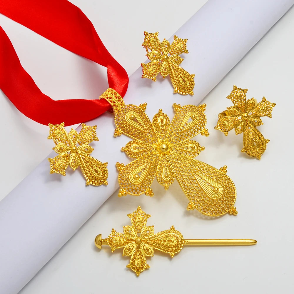 Ethiopian Cross Jewelry sets Silver/Gold Color Necklaces Earrings Ring Hairpin Eritrean African Ethnic Wedding
