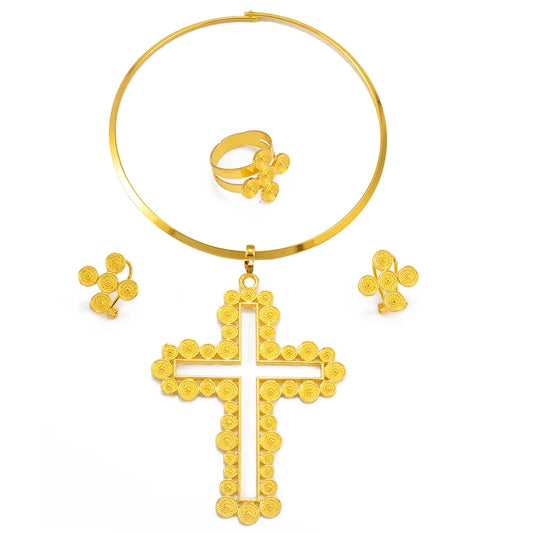African Cross Necklace Earrings Ring Jewelry Sets Silver & Gold Color Ethiopian Eritrean Holiday Party Ornaments